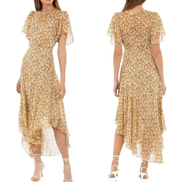 ASTR - Women’s 'Flutter Sleeve Maxi Dress' in Mustard Ditsy Floral- Yellow Large - Picture 1 of 13